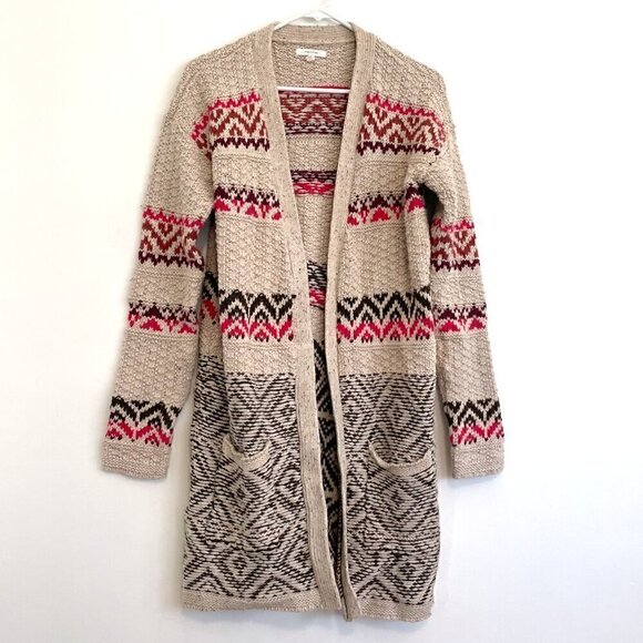 MAURICES Cream Beige Brown Pink Geometric Fair Isle Duster Long Cardigan Sweater - Picture 2 of 15